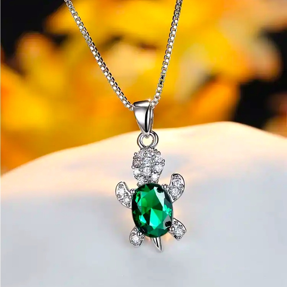 “Just Keep Swimming” Green Turtle Ocean Diamond Sterling Silver Gift Necklace